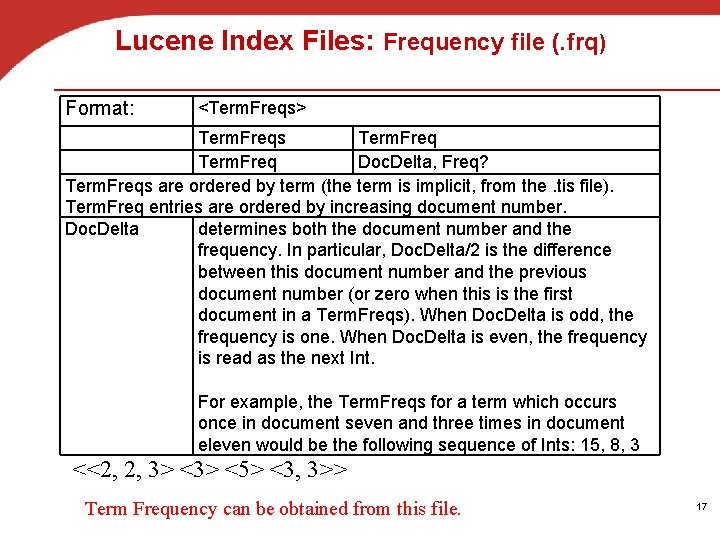 Lucene Index Files: Frequency file (. frq) Format: <Term. Freqs> Term. Freqs Term. Freq