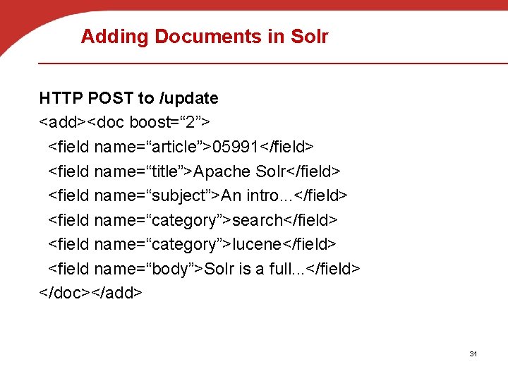 Adding Documents in Solr HTTP POST to /update <add><doc boost=“ 2”> <field name=“article”>05991</field> <field