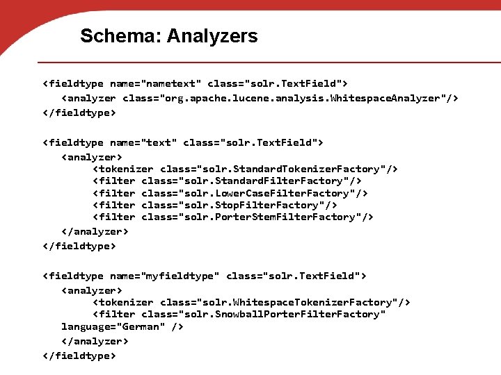 Schema: Analyzers <fieldtype name="nametext" class="solr. Text. Field"> <analyzer class="org. apache. lucene. analysis. Whitespace. Analyzer"/>