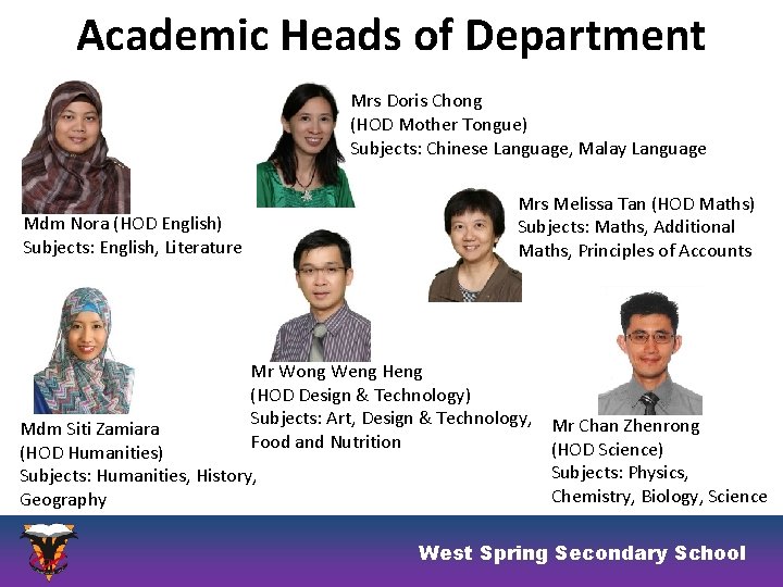 Academic Heads of Department Mrs Doris Chong (HOD Mother Tongue) Subjects: Chinese Language, Malay