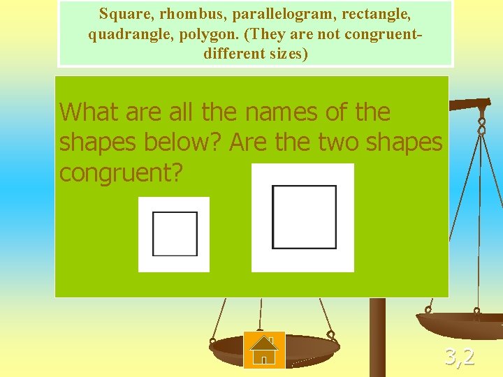 Square, rhombus, parallelogram, rectangle, quadrangle, polygon. (They are not congruentdifferent sizes) What are all