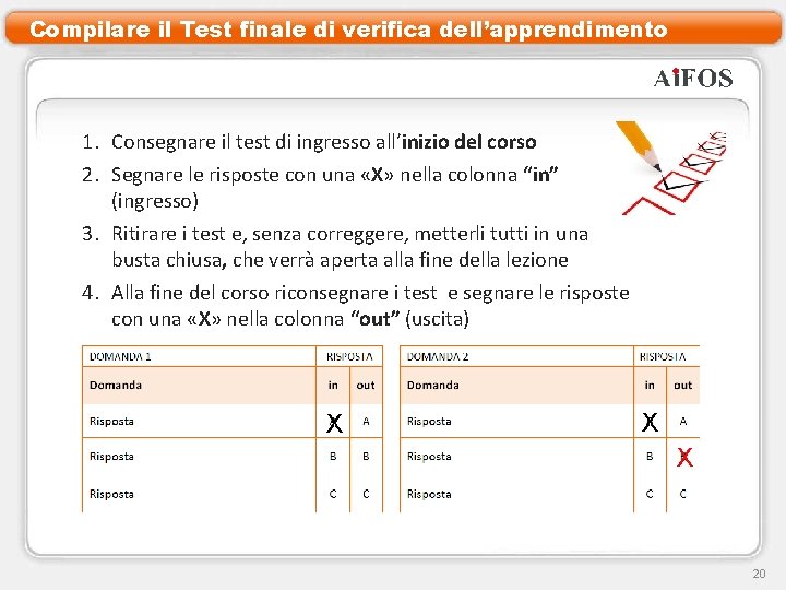 Compilare il Test finale di verifica dell’apprendimento 1. Consegnare il test di ingresso all’inizio