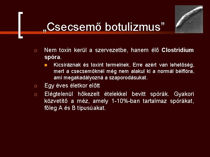 „Csecsemő botulizmus” ¡ Nem toxin kerül a szervezetbe, hanem élő Clostridium spóra. n ¡