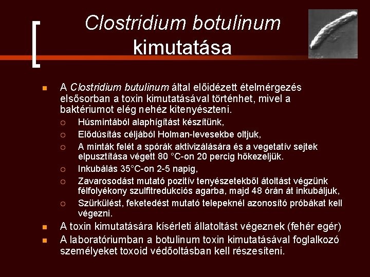 Clostridium botulinum kimutatása n A Clostridium butulinum által előidézett ételmérgezés elsősorban a toxin kimutatásával