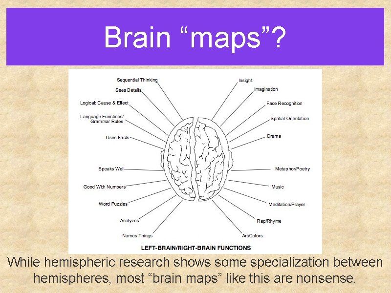 Brain “maps”? While hemispheric research shows some specialization between hemispheres, most “brain maps” like