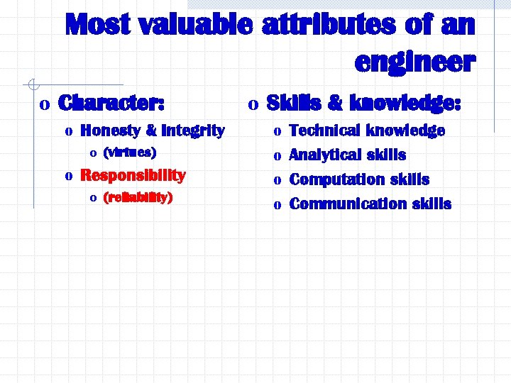 Most valuable attributes of an engineer o Character: o Honesty & Integrity o (virtues)