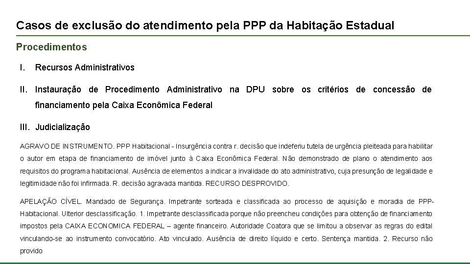 Casos de exclusão do atendimento pela PPP da Habitação Estadual Procedimentos I. Recursos Administrativos