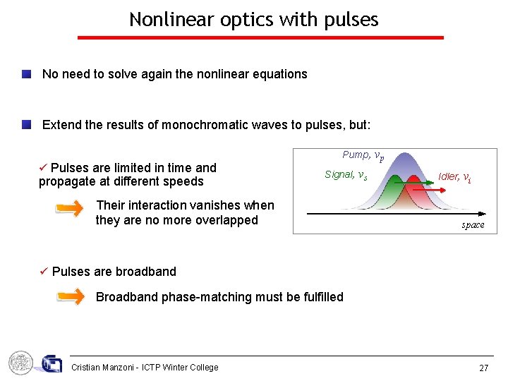 Nonlinear optics with pulses No need to solve again the nonlinear equations Extend the