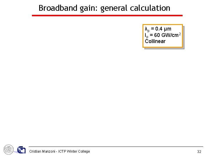 Broadband gain: general calculation λp = 0. 4 μm Ip = 60 GW/cm 2