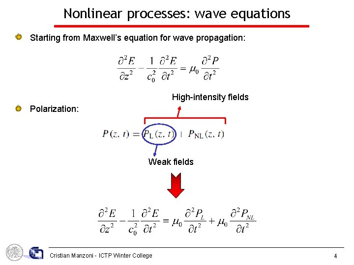 Nonlinear processes: wave equations Starting from Maxwell’s equation for wave propagation: High-intensity fields Polarization: