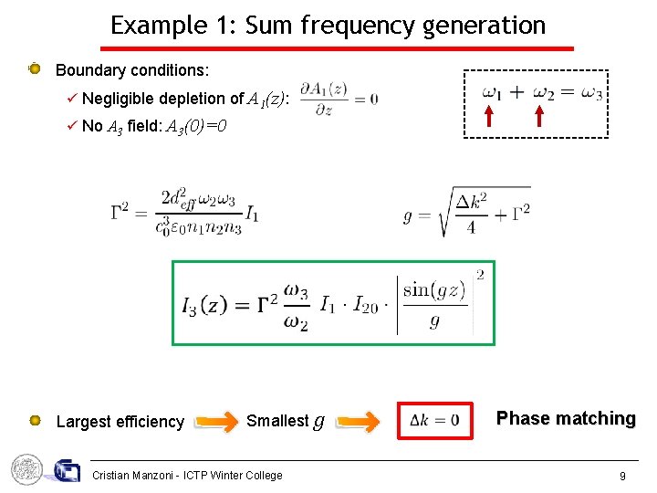 Example 1: Sum frequency generation Boundary conditions: = Negligible depletion of A 1(z): No