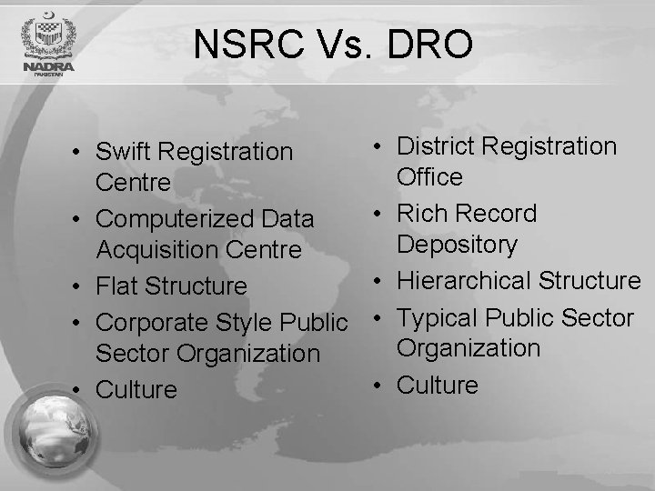 NSRC Vs. DRO • Swift Registration Centre • Computerized Data Acquisition Centre • Flat