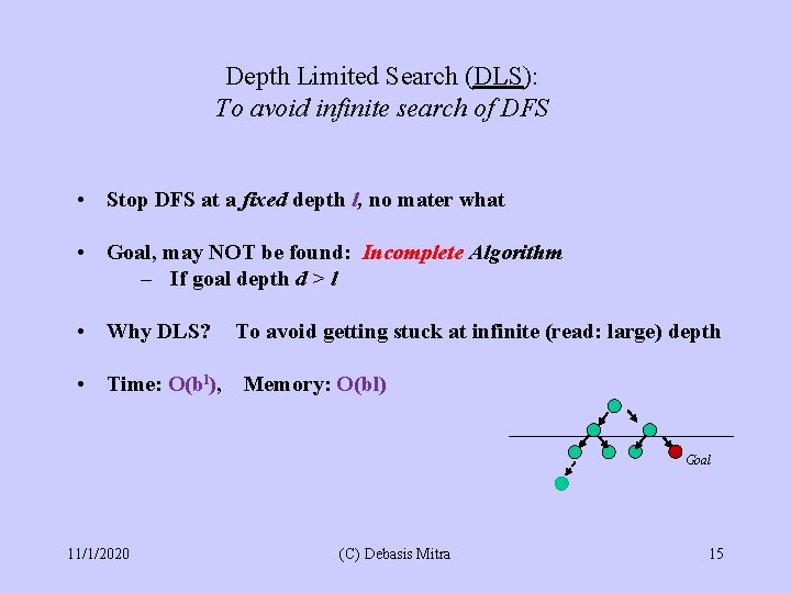 Depth Limited Search (DLS): To avoid infinite search of DFS • Stop DFS at