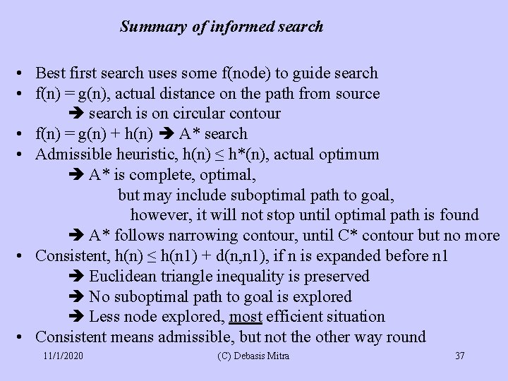 Summary of informed search • Best first search uses some f(node) to guide search