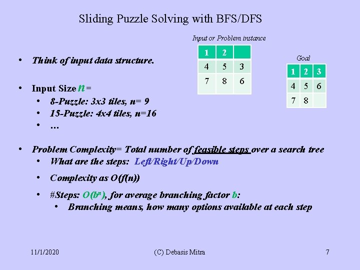 Sliding Puzzle Solving with BFS/DFS Input or Problem instance • Think of input data