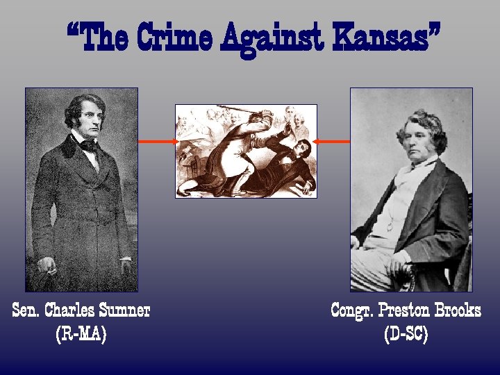 “The Crime Against Kansas” Sen. Charles Sumner (R-MA) Congr. Preston Brooks (D-SC) 