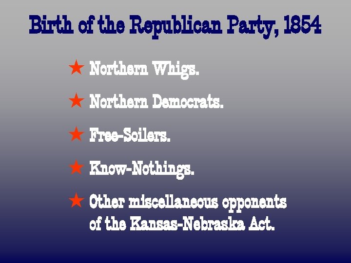 Birth of the Republican Party, 1854 ß Northern Whigs. ß Northern Democrats. ß Free-Soilers.