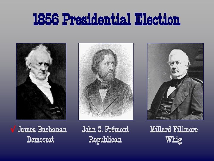 1856 Presidential Election √ James Buchanan Democrat John C. Frémont Republican Millard Fillmore Whig