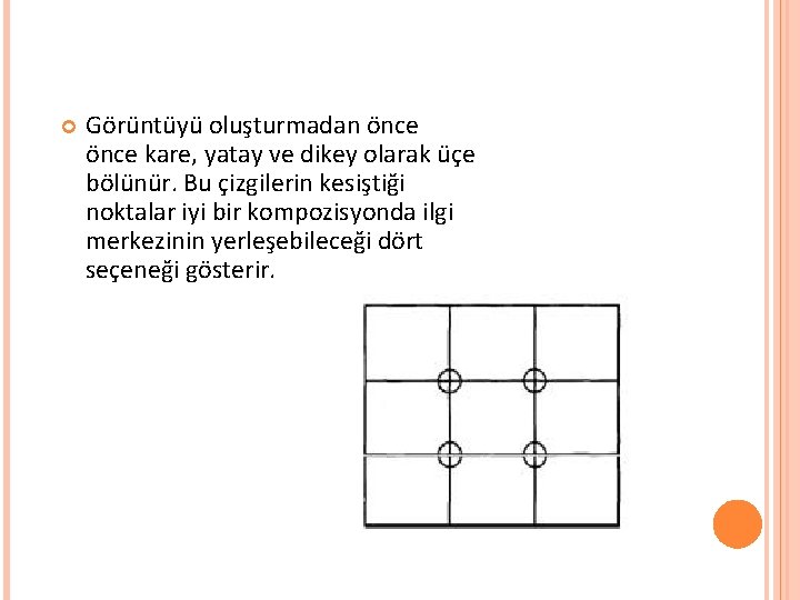  Görüntüyü oluşturmadan önce kare, yatay ve dikey olarak üçe bölünür. Bu çizgilerin kesiştiği