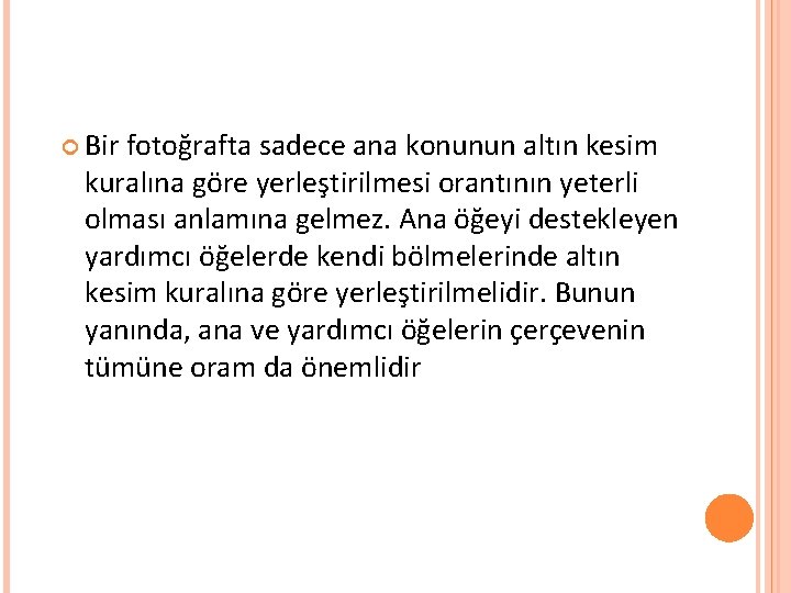  Bir fotoğrafta sadece ana konunun altın kesim kuralına göre yerleştirilmesi orantının yeterli olması