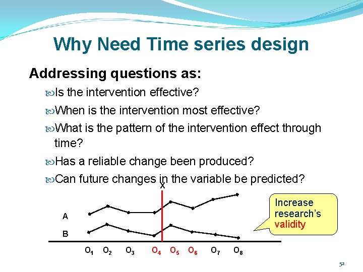 Why Need Time series design Addressing questions as: Is the intervention effective? When is