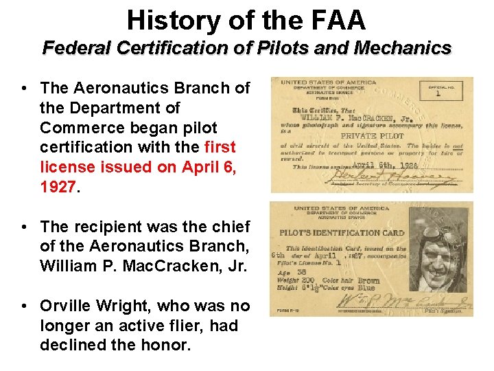 History of the FAA Federal Certification of Pilots and Mechanics • The Aeronautics Branch