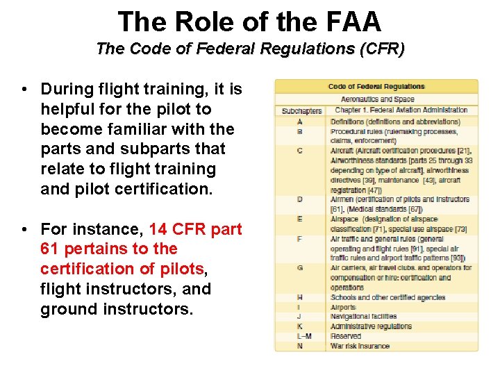 The Role of the FAA The Code of Federal Regulations (CFR) • During flight