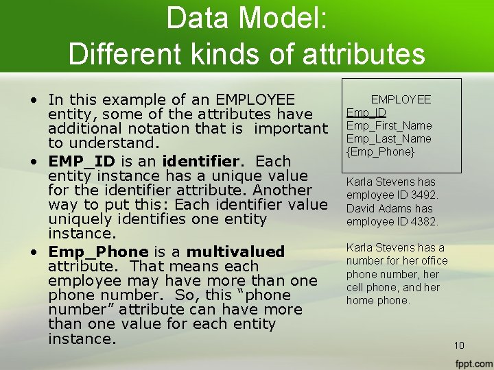 Data Model: Different kinds of attributes • In this example of an EMPLOYEE entity, Data Model: Different kinds of attributes • In this example of an EMPLOYEE entity,
