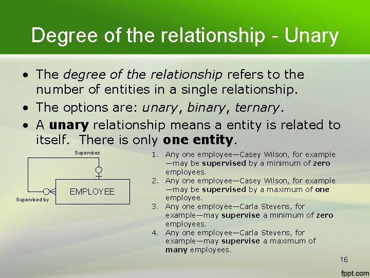 Degree of the relationship - Unary • The degree of the relationship refers to Degree of the relationship - Unary • The degree of the relationship refers to