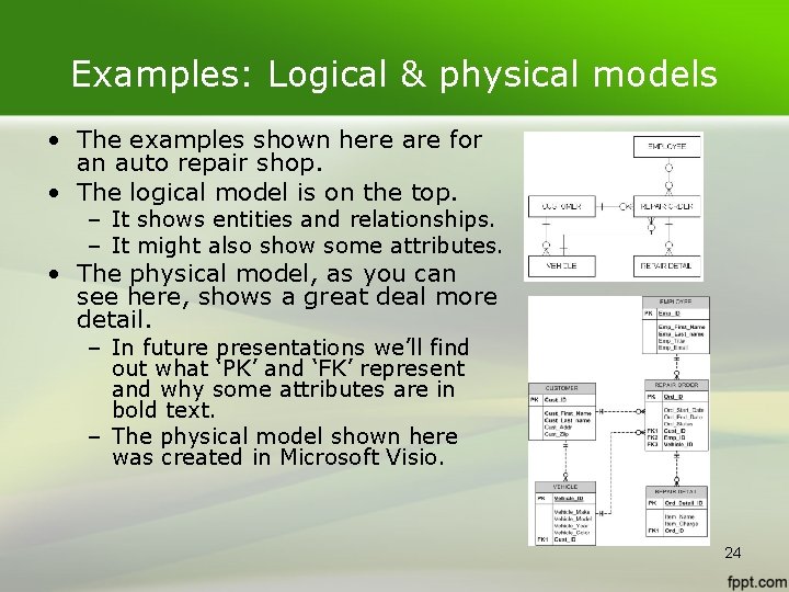 Examples: Logical & physical models • The examples shown here are for an auto Examples: Logical & physical models • The examples shown here are for an auto