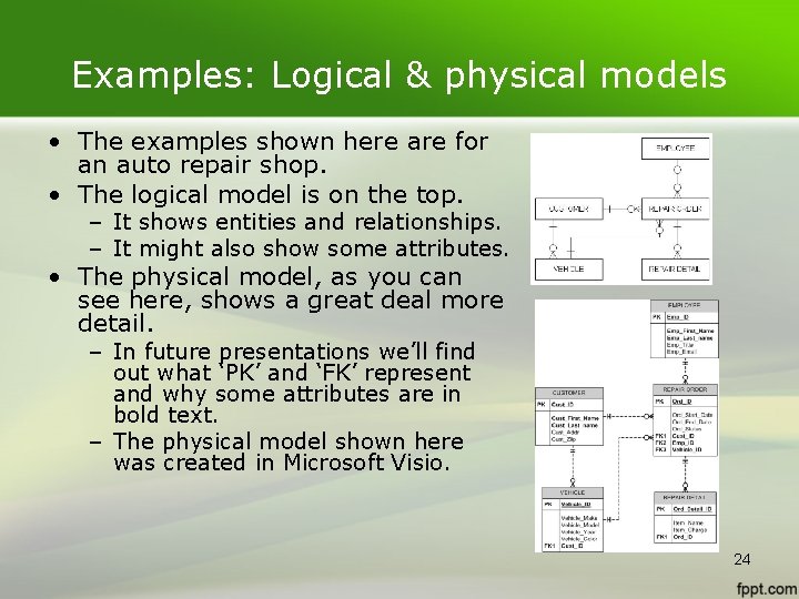 Examples: Logical & physical models • The examples shown here are for an auto