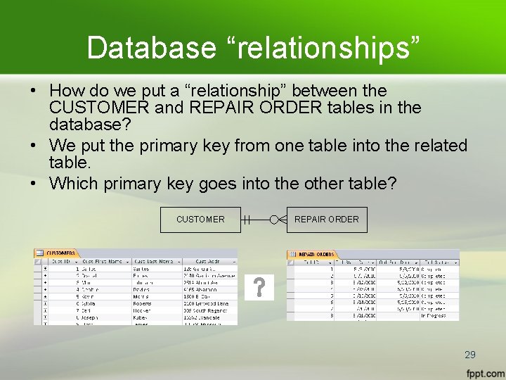 Database “relationships” • How do we put a “relationship” between the CUSTOMER and REPAIR