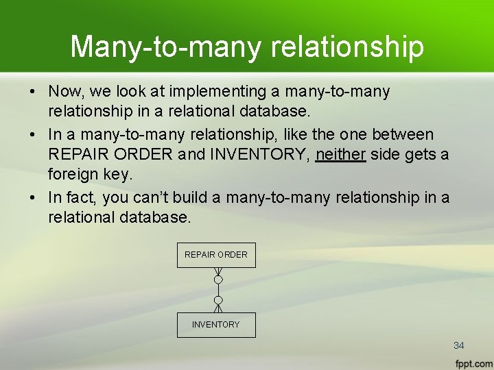 Many-to-many relationship • Now, we look at implementing a many-to-many relationship in a relational