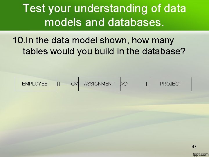 Test your understanding of data models and databases. 10. In the data model shown,