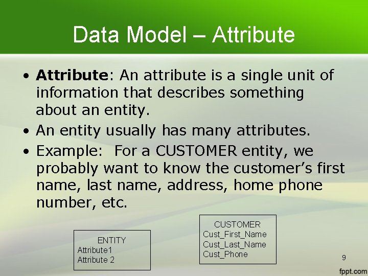 Data Model – Attribute • Attribute: An attribute is a single unit of information Data Model – Attribute • Attribute: An attribute is a single unit of information