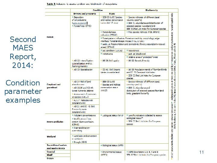 Second MAES Report, 2014: Condition parameter examples 11 