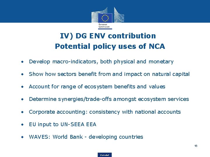 IV) DG ENV contribution Potential policy uses of NCA • Develop macro-indicators, both physical