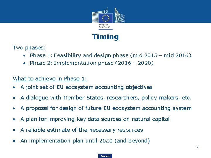 Timing Two phases: • Phase 1: Feasibility and design phase (mid 2015 – mid