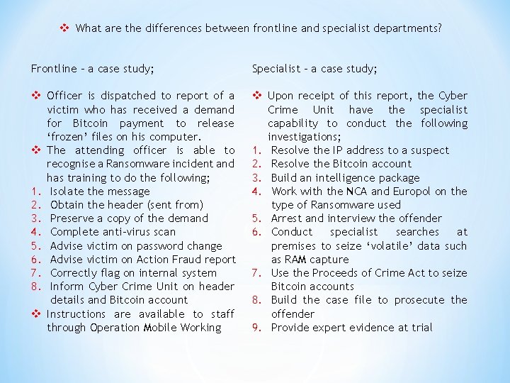 v What are the differences between frontline and specialist departments? Frontline - a case