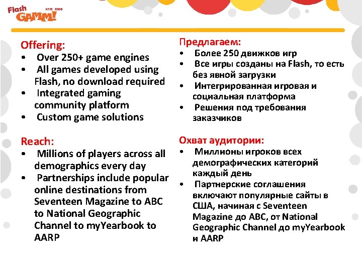 Offering: Предлагаем: • Over 250+ game engines • All games developed using Flash, no