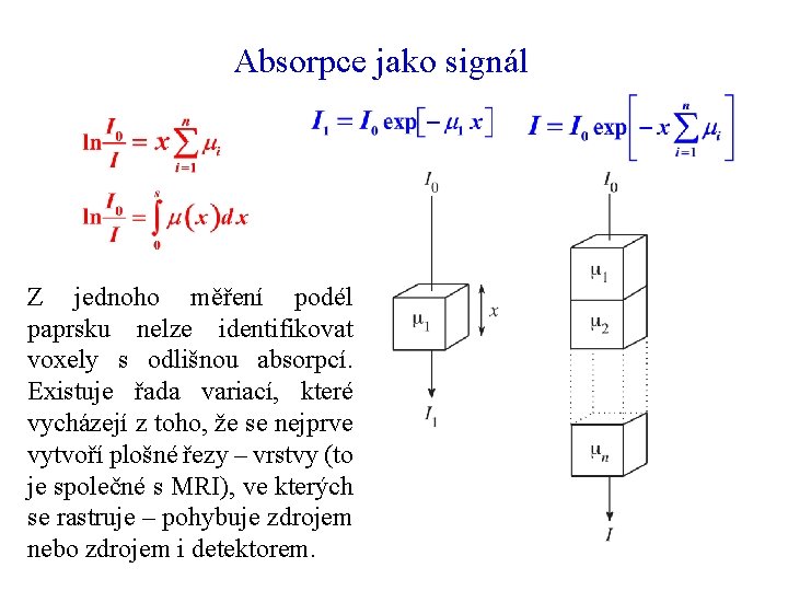 Absorpce jako signál Z jednoho měření podél paprsku nelze identifikovat voxely s odlišnou absorpcí.