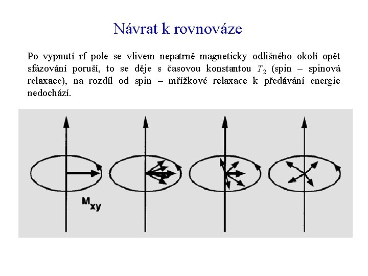 Návrat k rovnováze Po vypnutí rf pole se vlivem nepatrně magneticky odlišného okolí opět