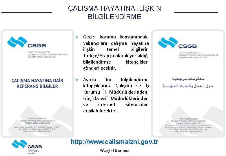 ÇALIŞMA HAYATINA İLİŞKİN BİLGİLENDİRME Ø Geçici koruma kapsamındaki yabancılara çalışma hayatına ilişkin temel bilgilerin