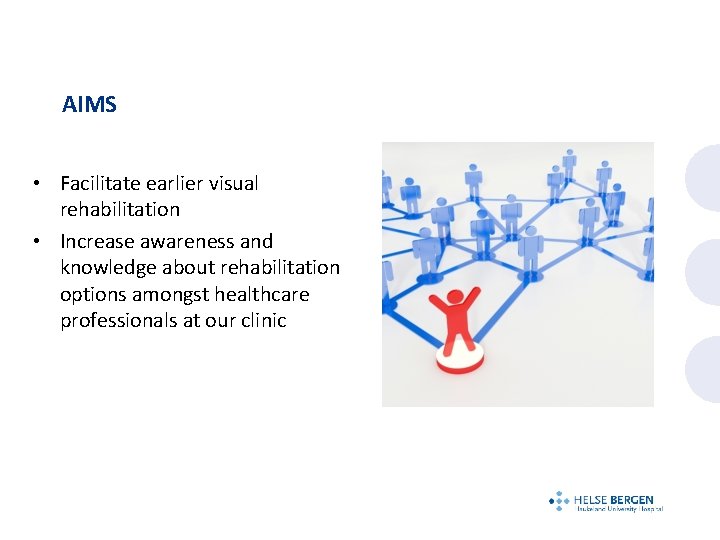 AIMS • Facilitate earlier visual rehabilitation • Increase awareness and knowledge about rehabilitation options