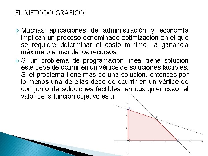 EL METODO GRAFICO: Muchas aplicaciones de administración y economía implican un proceso denominado optimización