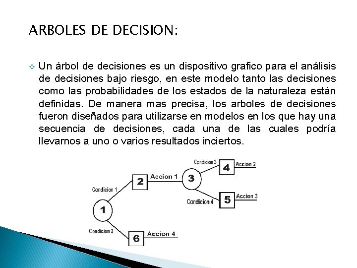 ARBOLES DE DECISION: v Un árbol de decisiones es un dispositivo grafico para el