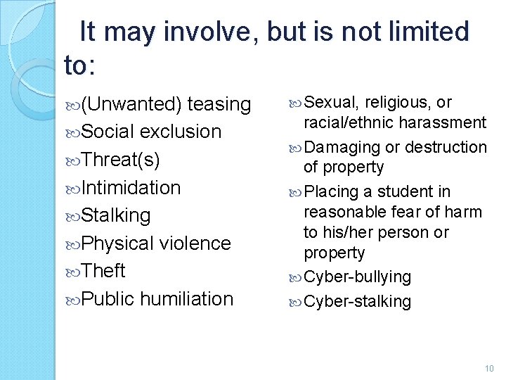 It may involve, but is not limited to: (Unwanted) teasing Social exclusion Threat(s) Intimidation