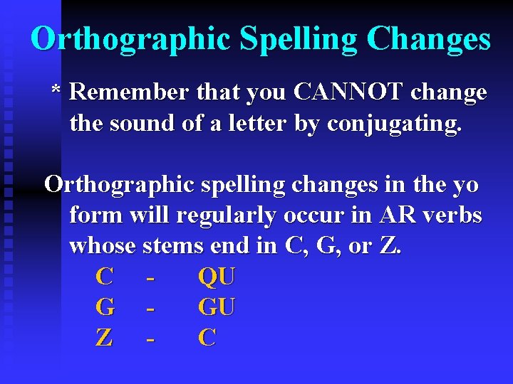 Orthographic Spelling Changes * Remember that you CANNOT change the sound of a letter