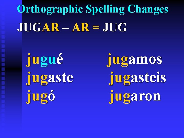 Orthographic Spelling Changes JUGAR – AR = JUG jugué jugaste jugó jugamos jugasteis jugaron