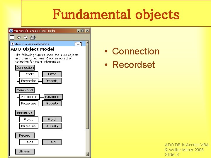 Fundamental objects • Connection • Recordset ADO DB in Access VBA © Walter Milner